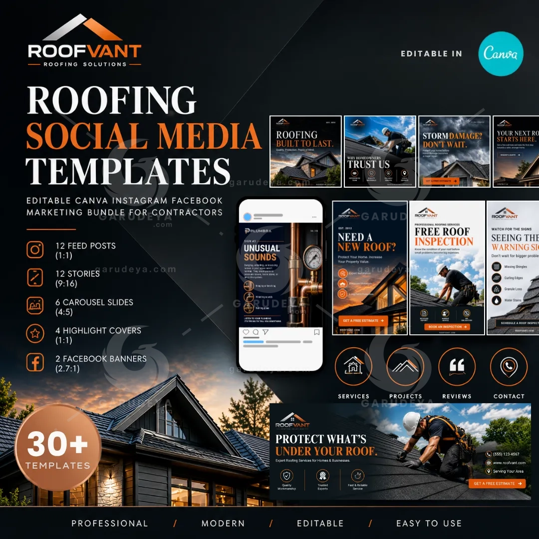 Roofing Social Media Templates | Editable Canva Instagram Facebook Marketing Bundle for Contractors